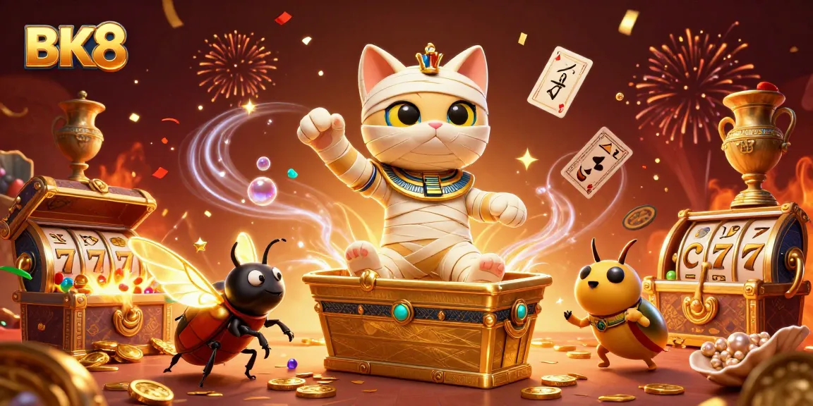 Engage with BK8's dynamic casino experience featuring rich 3D characters and vibrant slot game elements.