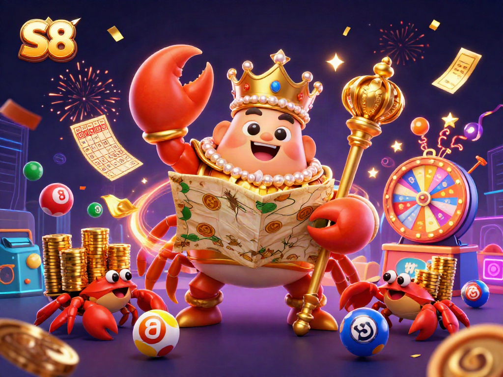 S8 casino gaming scene with a golden crab emperor, lottery elements, and festive confetti effects.