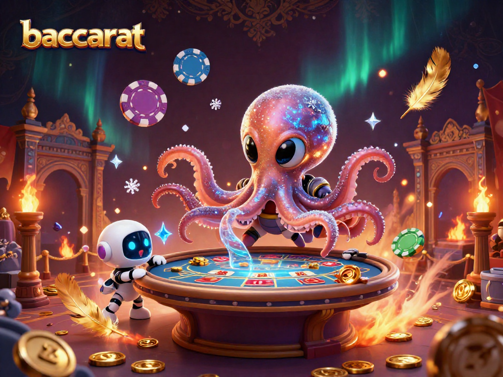 Baccarat gaming scene with an alien octopus and robot amid dynamic cosmic elements.