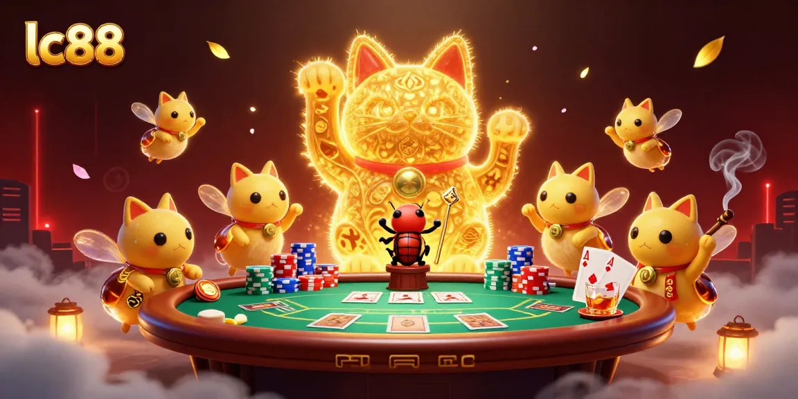 Play and win at lc88 with a vibrant scene showcasing a lucky cat and poker action.