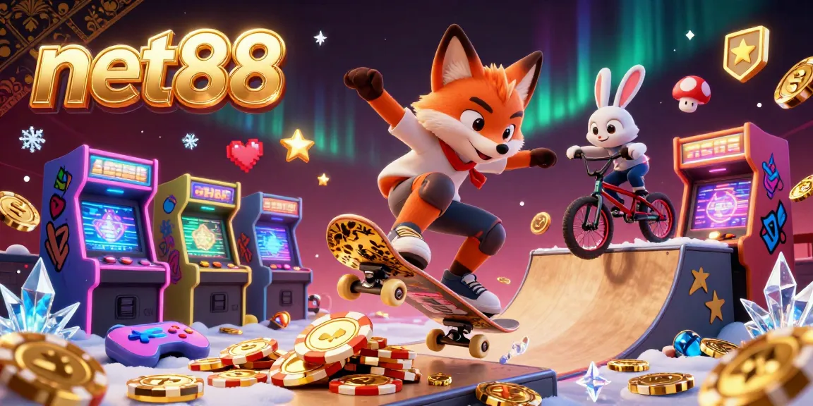 Experience thrilling action with net88, featuring a skateboarder fox and BMX rabbit among vibrant casino symbols.
