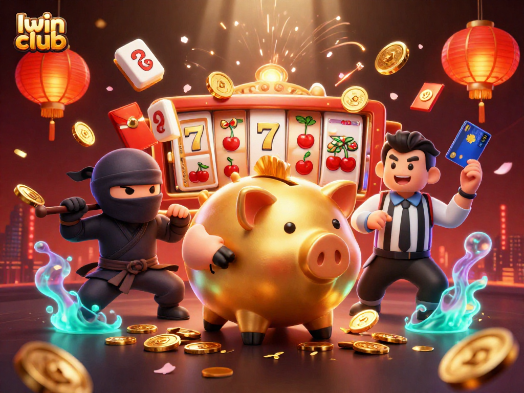 Iwin club showcases a dynamic 3D casino scene with a golden piggy bank and vibrant game elements.