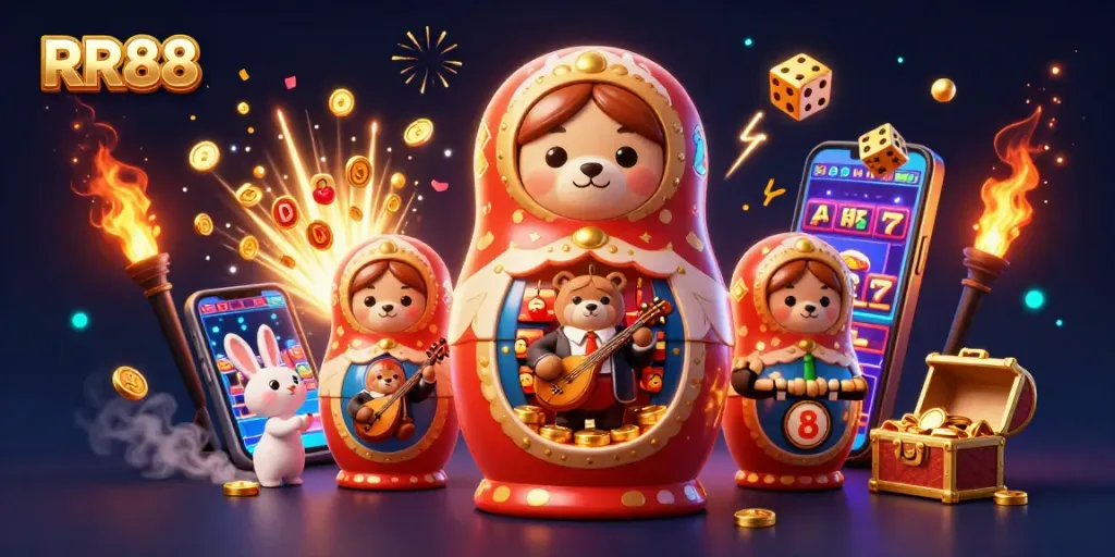 Experience jackpot excitement with RR88's vibrant 3D casino scene featuring playful characters and dazzling game elements.