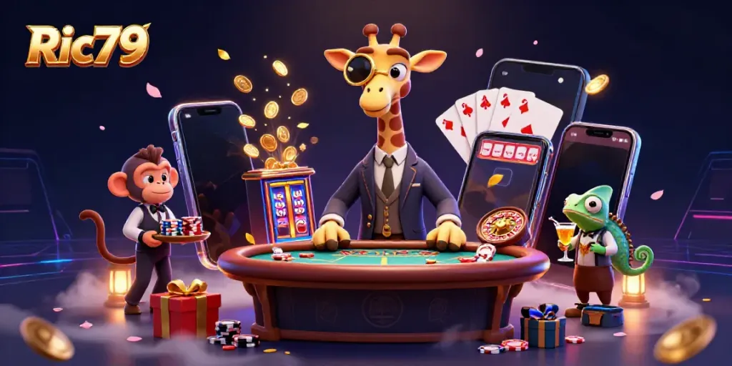 Ric79 brings excitement to players with colorful visuals of a high-roller giraffe at a poker table.