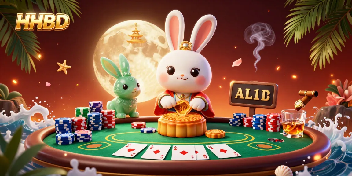 Experience the excitement of HHBD with a whimsical moon rabbit and poker elements in a vibrant scene.