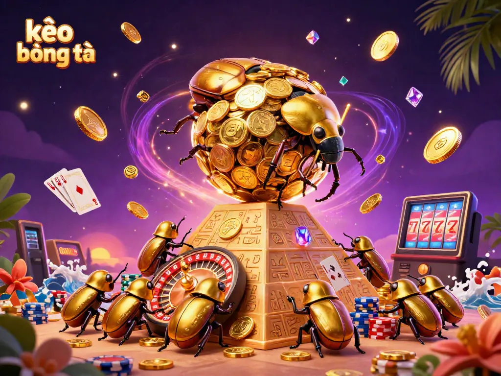 Experience kèo bóng đá with thrilling visuals of a golden beetle rolling coins and casino elements in a vibrant scene.
