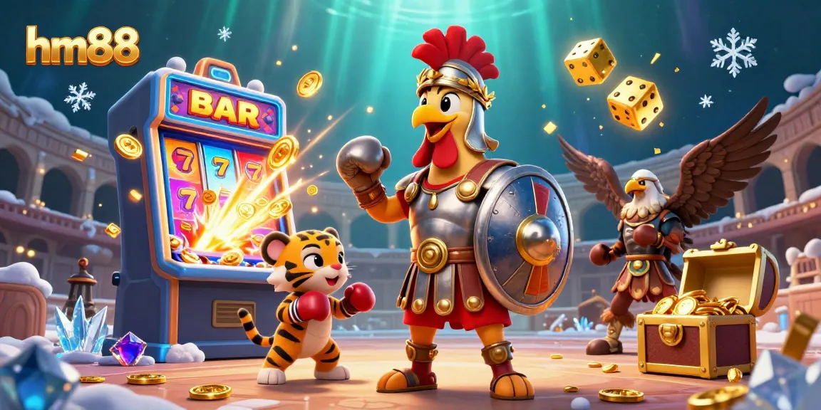 Engage in vivid casino action with hm88 featuring a cartoon rooster gladiator amidst a jackpot explosion.