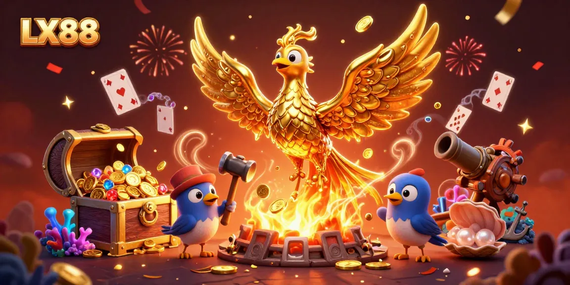 Experience the thrill of winning at LX88 with a golden phoenix surrounded by vibrant casino elements.