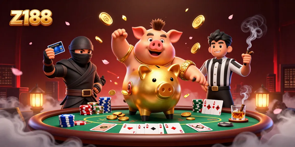Experience dynamic poker action at z188 with a sumo wrestler and ninja in a lively casino scene.