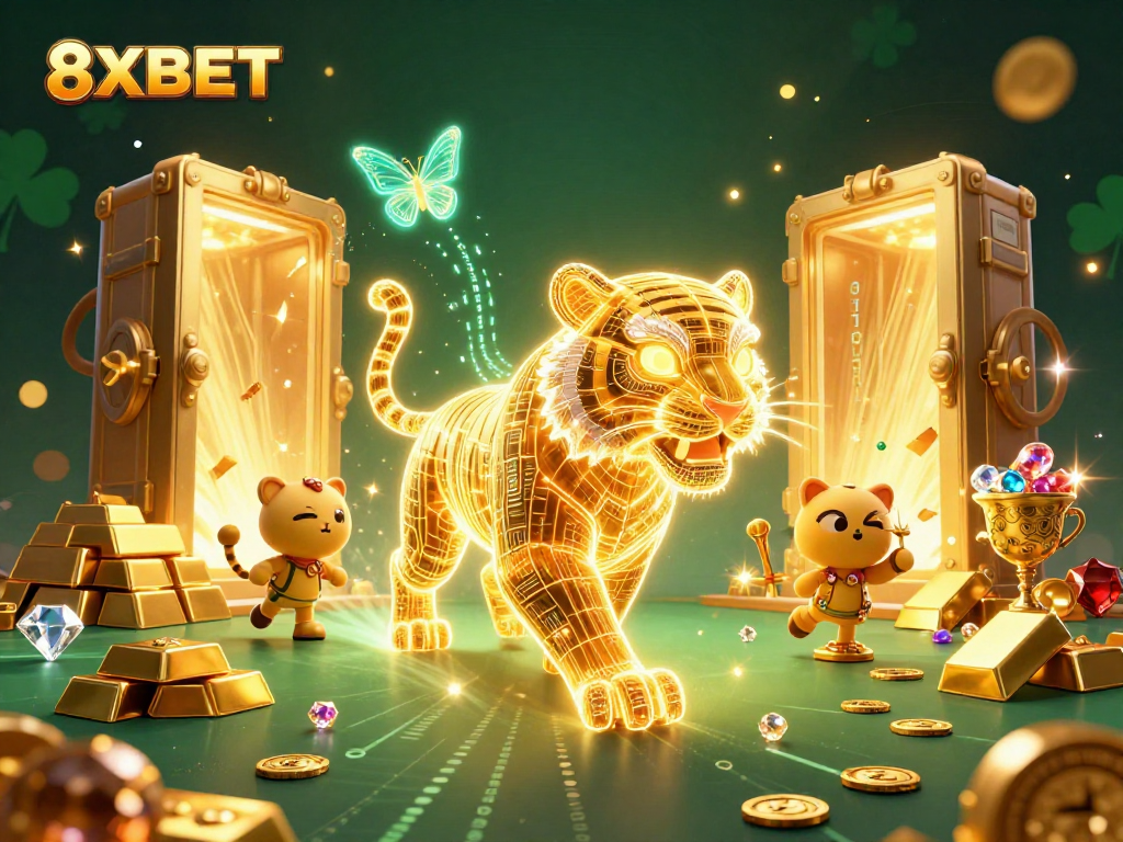 Embark on an exhilarating journey at 8XBET, featuring a golden tiger and dazzling treasures in a lively casino.