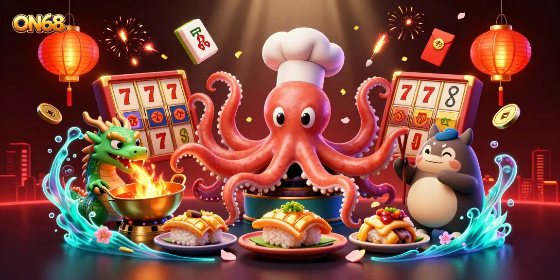 Engage with ON68 through vibrant 3D illustration showcasing an octopus chef and dragon in an exciting slot game environment.