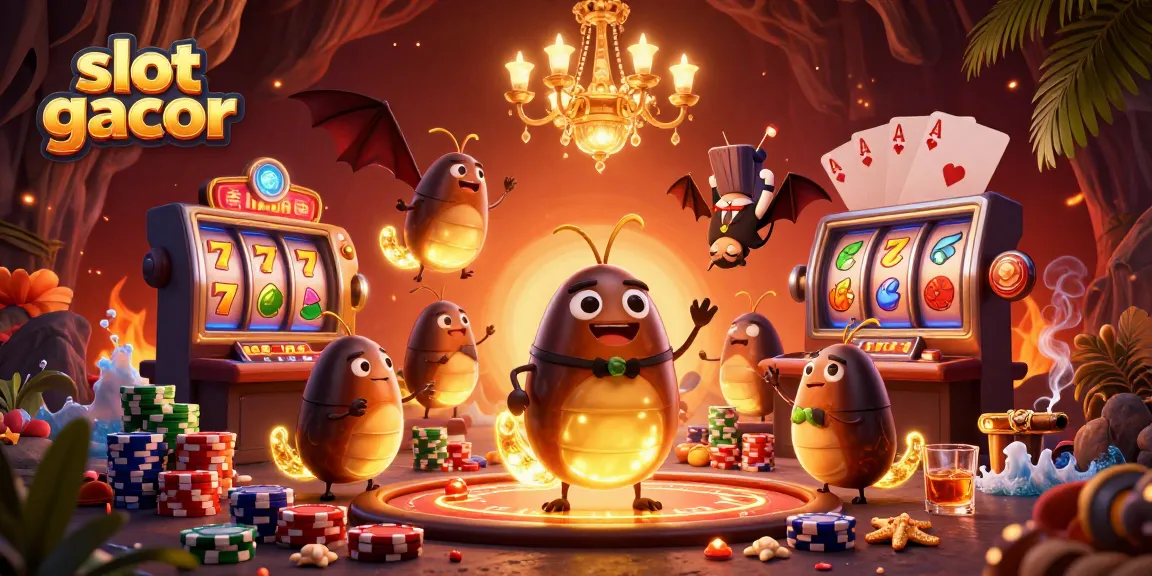 Experience thrilling slot gacor gameplay as glowworms illuminate a cave casino with slot reels and vibrant poker elements.