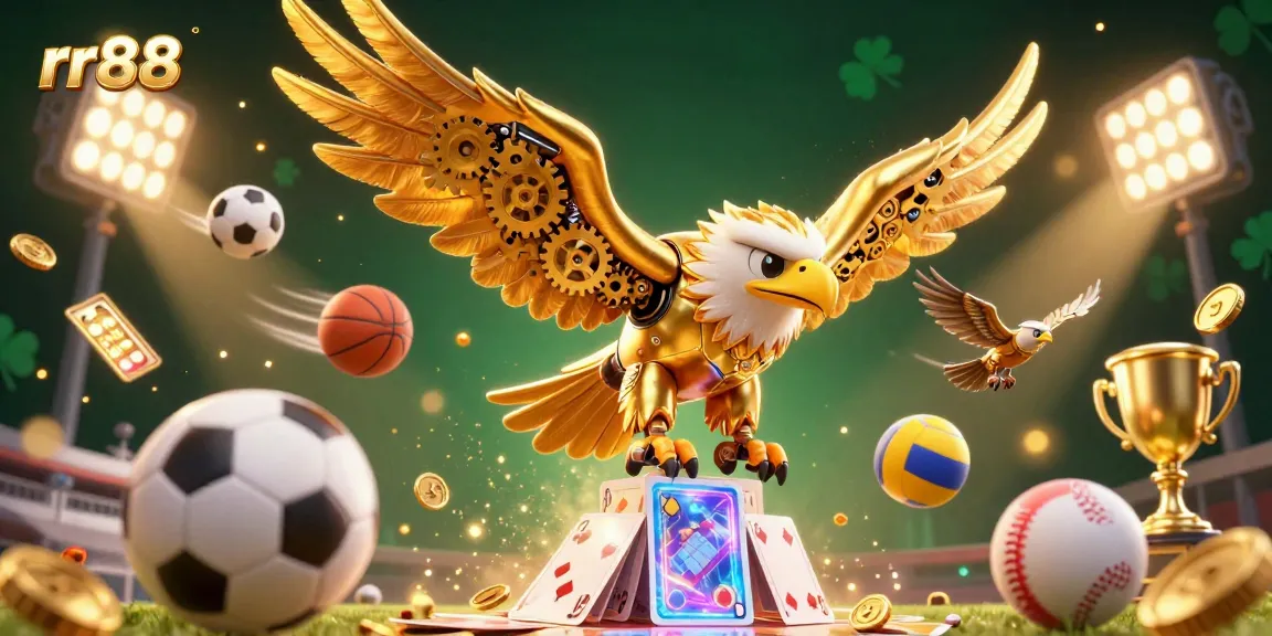 Experience the excitement of rr88 as a golden eagle dives through holographic cards in a vibrant casino scene.