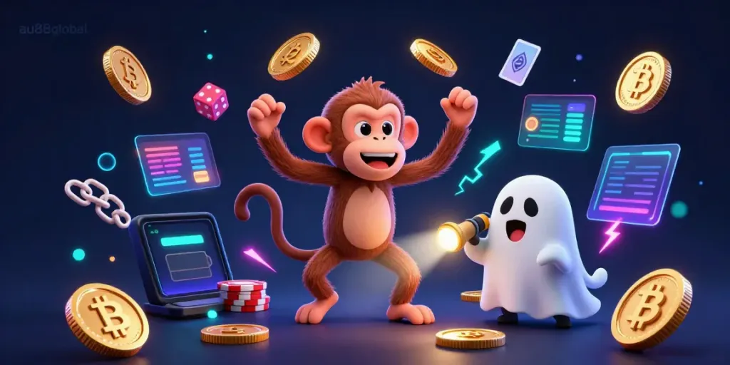 Experience the thrilling atmosphere of au88global with a mischievous ghost monkey and ghost-hunter puppy in a vibrant casino.