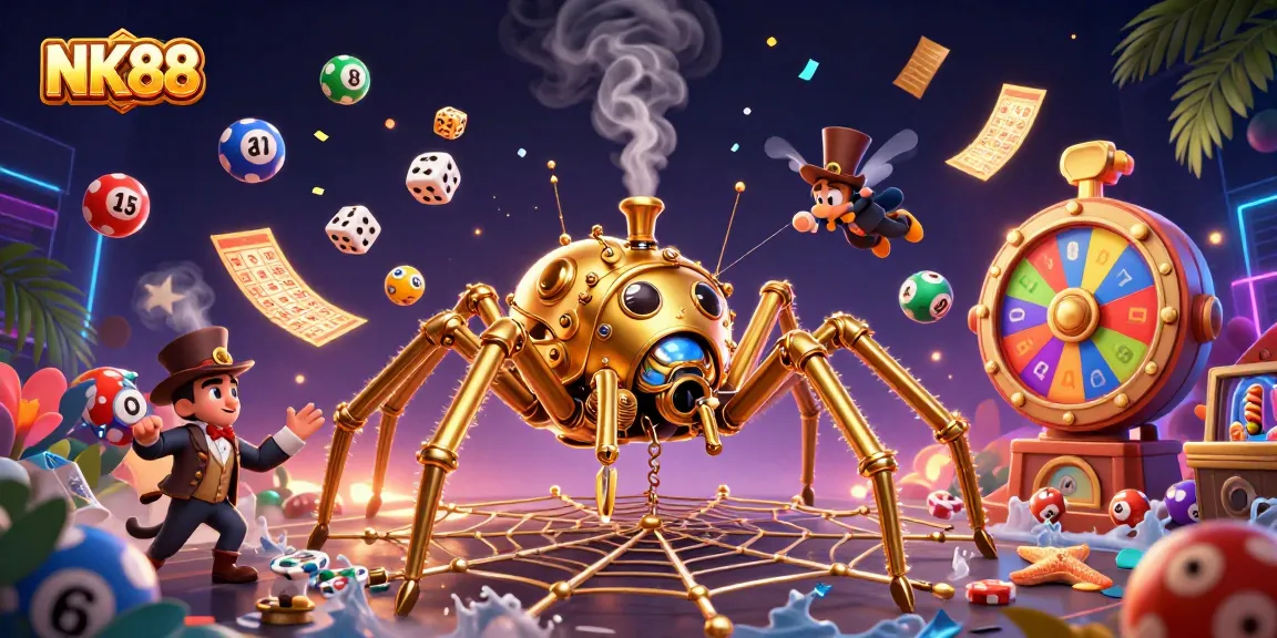 Engage with the thrilling casino environment of NK88, showcasing lucky lottery actions and vibrant gaming elements.