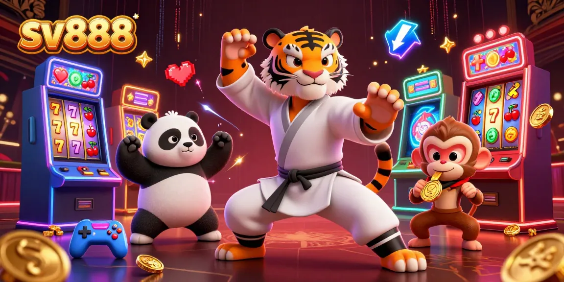 Engage with sv888's vibrant slot machine scene featuring kung fu characters for an exciting casino experience.
