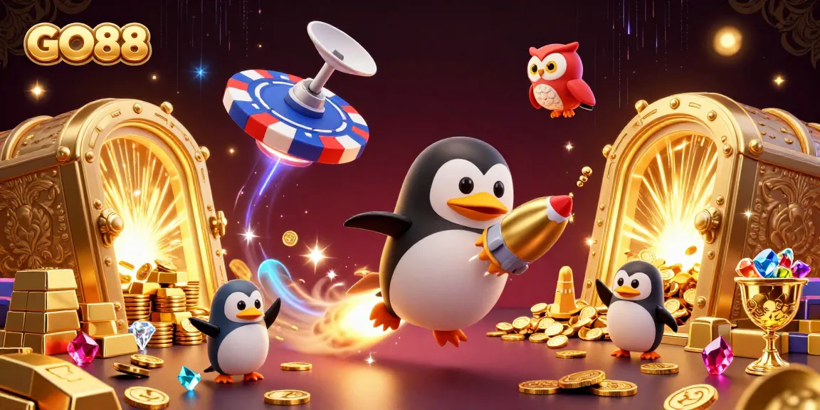 GO88 penguin blasts through a casino-themed space station, revealing treasures and excitement.