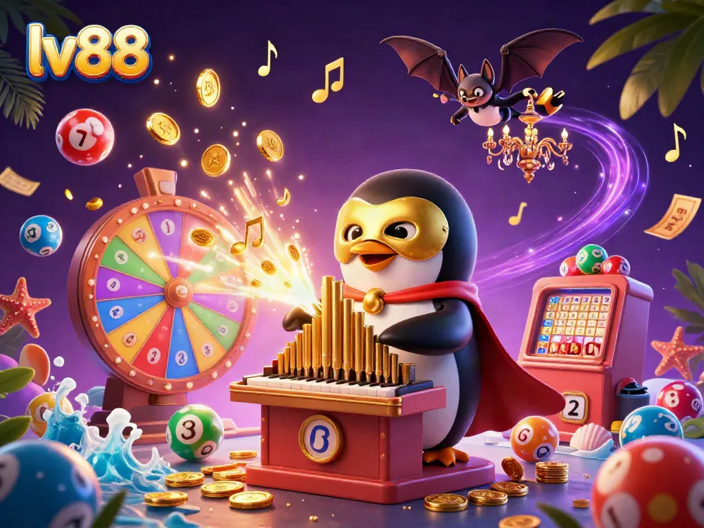 Experience the thrill of lv88 with a penguin playing an organ that shoots coins amidst vibrant lottery elements.