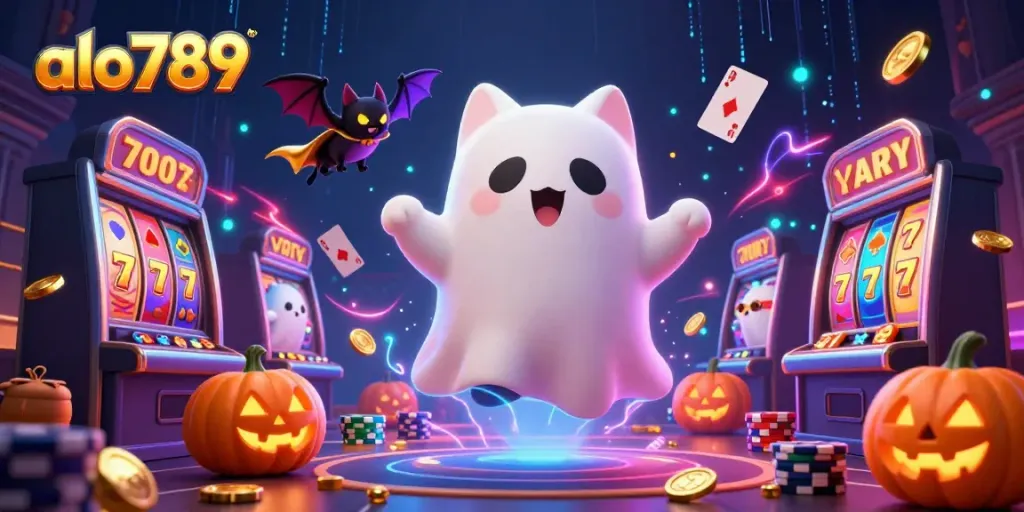 Play at alo789 while ghost cat and bat reveal haunted slot machines and glowing poker faces.