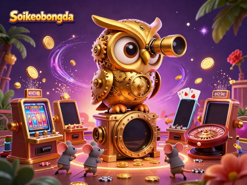 Engage with Soikeobongda in a vibrant casino scene, featuring a golden owl, rich game elements, and lively atmosphere.