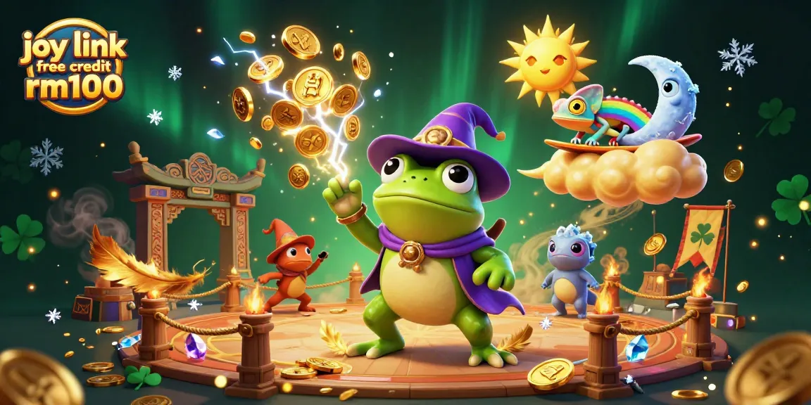 Win big with joy link free credit rm100 at our dynamic casino scene featuring magical characters and golden coins.