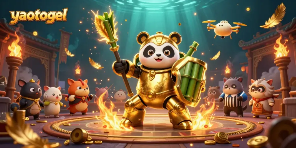Engage players at yaotogel with a vibrant 3D gambling arena illustration showcasing dynamic characters and elements.