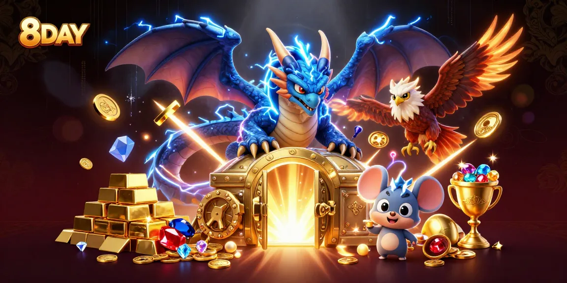 Experience 8DAY's thrilling jackpot action with stunning visuals, vibrant treasures, and dynamic characters.