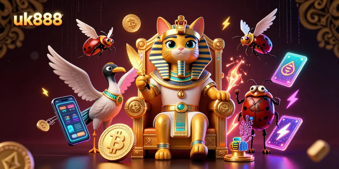 Experience winning moments at uk888 with a majestic pharaoh cat and crypto elements in a vibrant casino setting.