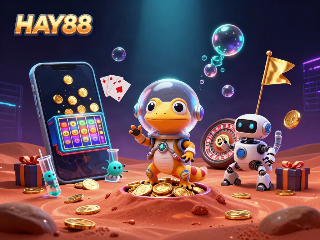 Experience HAY88 with a Martian gecko discovering a golden casino, surrounded by vibrant gaming elements.