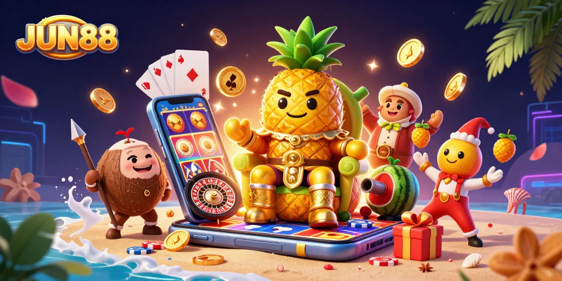 Experience vibrant gaming excitement with JUN88 amid golden coins, lively characters, and thrilling casino elements.
