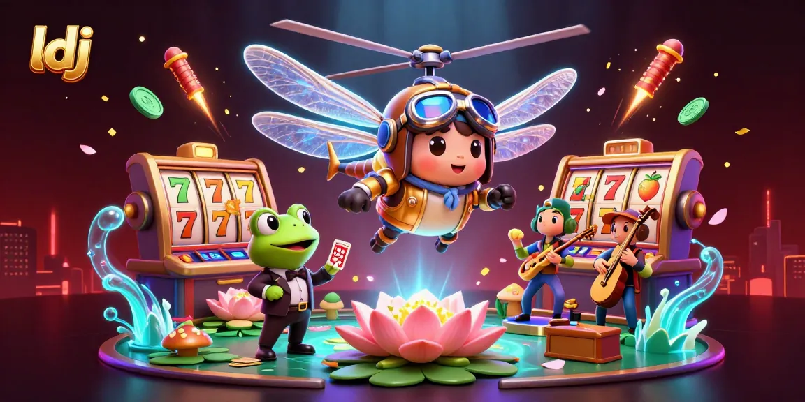 Experience vibrant gaming action at ldj's lily pad casino with a frog dealer and dragonfly pilot illustration.