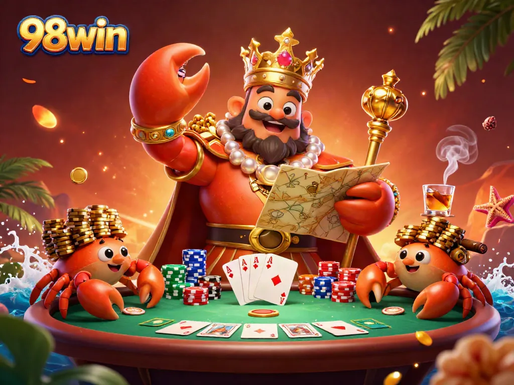 Engage with exciting casino action at 98win, featuring a golden crab emperor amidst poker dynamics.