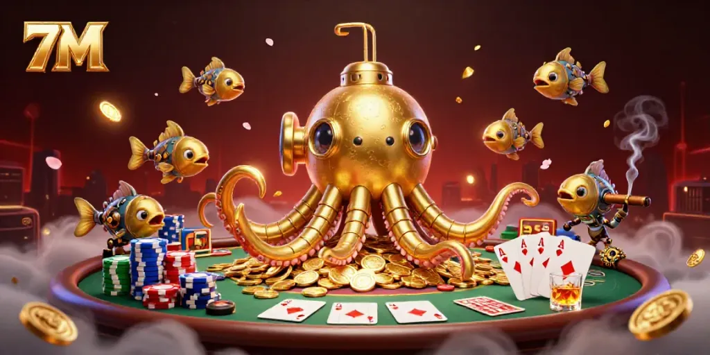 Watch the 7M golden kraken submarine emerging through coins, capturing poker's thrilling essence.