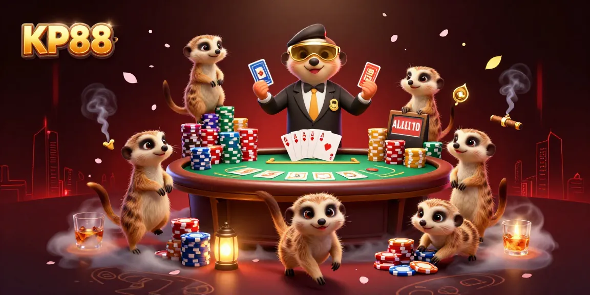 KP88 invites players to enjoy an exciting casino experience with meerkat characters managing a vibrant poker operation.