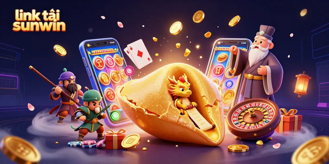 Engage with exciting betting adventures using link tải sunwin, featuring animated fortune cookie and casino elements.