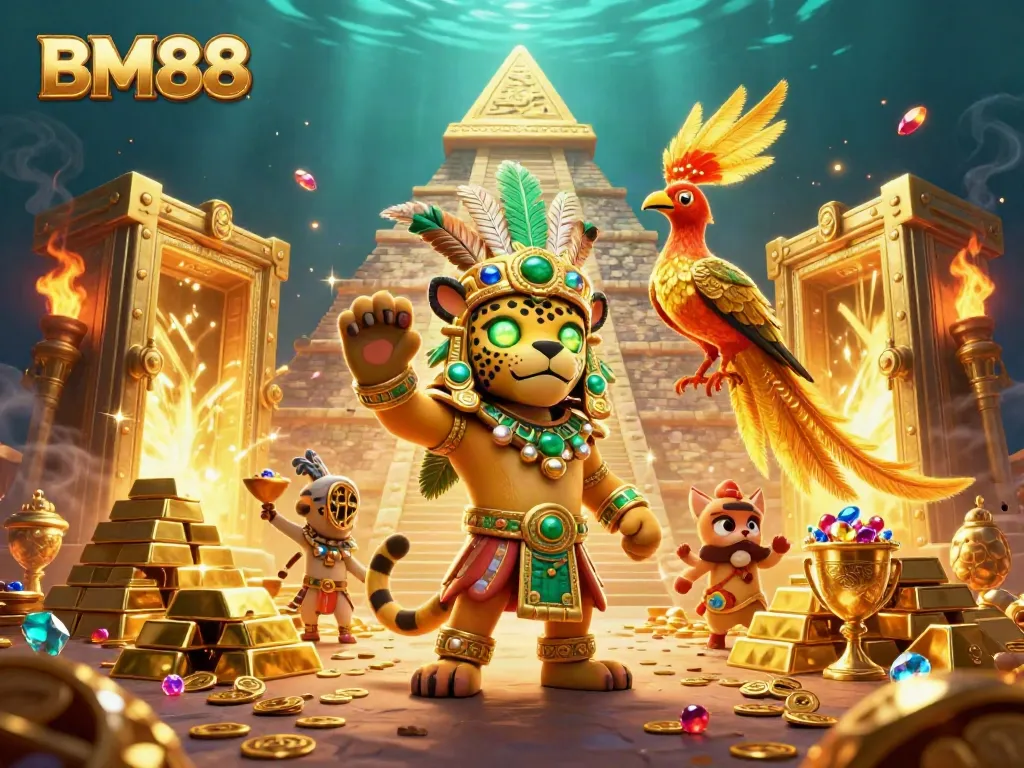 Experience the thrill of BM88 as glowing gems and gold flood from a treasure vault with a Mayan priest.
