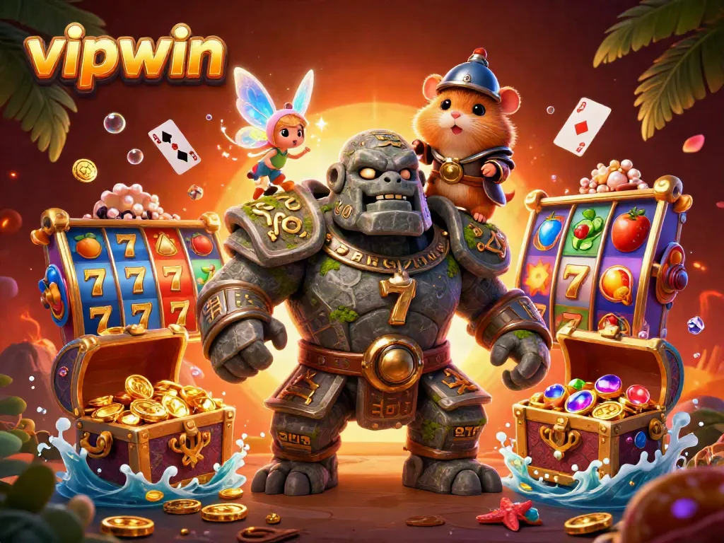 Experience the excitement of vipwin with a magical scene featuring a stone golem, fairy, and hamster knight amidst casino elements.