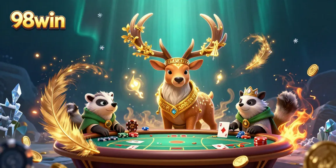 Experience the thrill of 98win poker with a vibrant druid and badger in a magical scene.