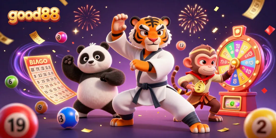 Experience the thrill at good88 with vibrant lottery balls and engaging characters in a casino setting.