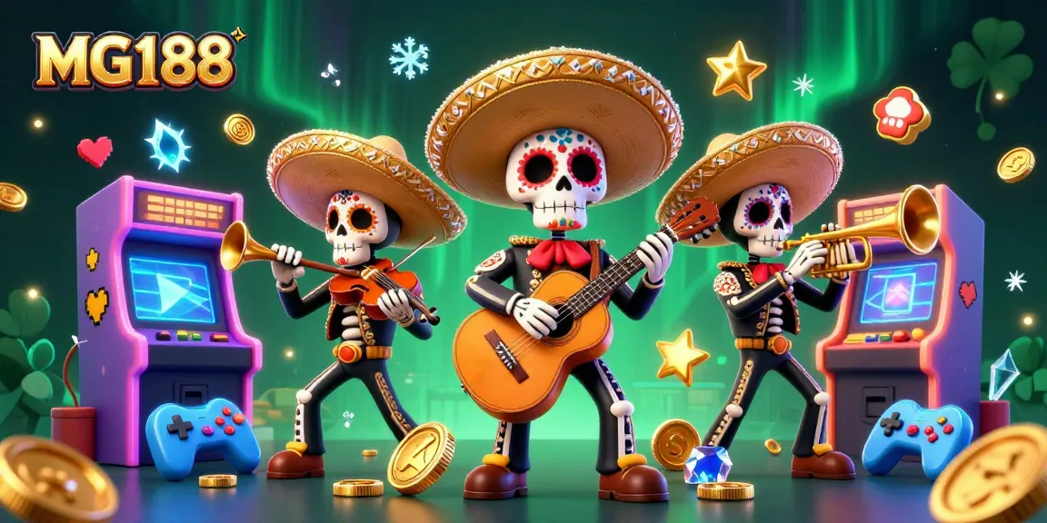 Engage with MG188's vibrant casino experience featuring a joyous mariachi band amidst colorful gaming elements.