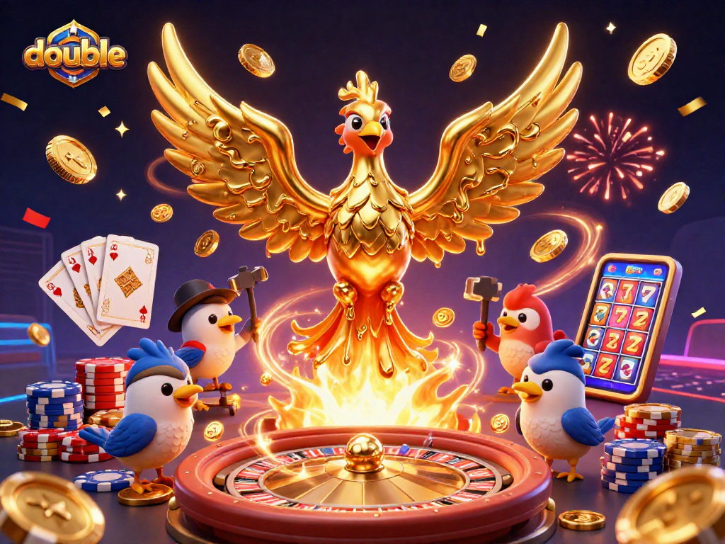 Experience the excitement of double with a golden phoenix, cascading coins, and vibrant casino elements!