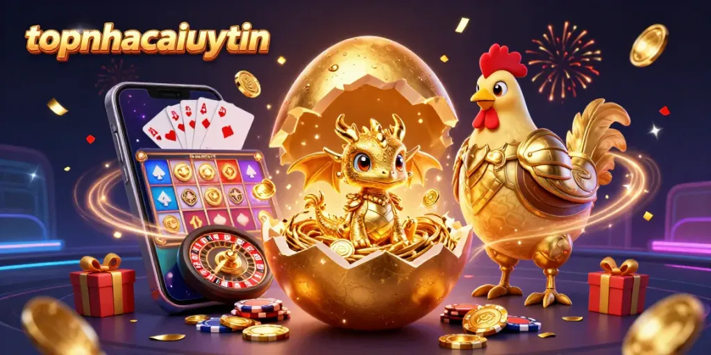 Engage in thrilling wins at topnhacaiuytin with a crystal dragon amidst vibrant gambling elements.