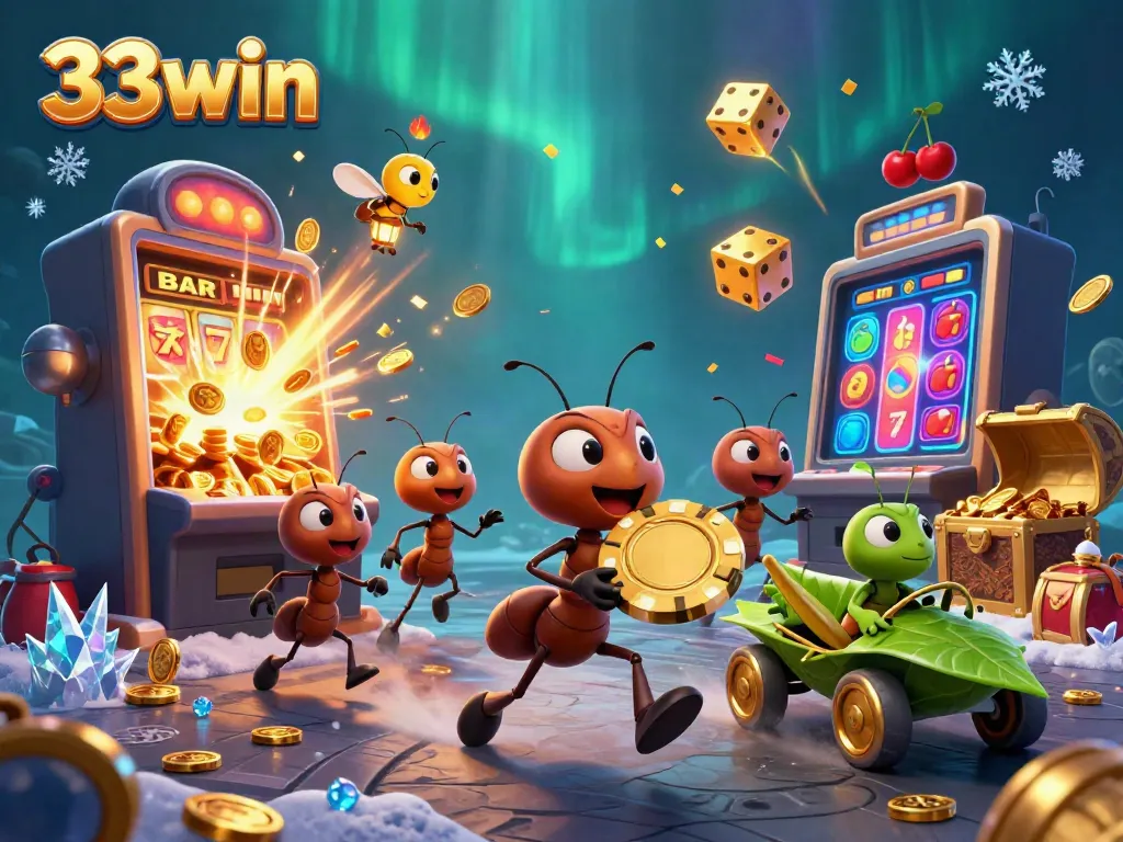 Ants running a heist with a golden poker chip in a casino scene featuring elements like dice and slot machines, showcasing 33win.