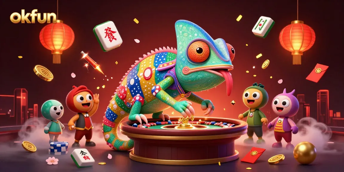 Engage in thrilling gameplay with okfun at a vibrant casino powered by energizing elements and a playful chameleon mascot.