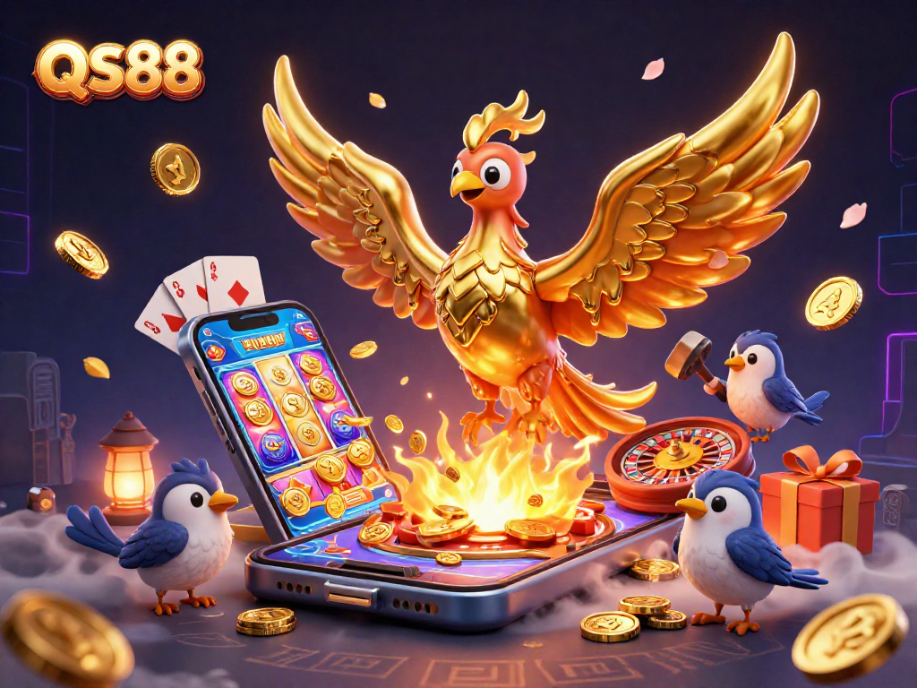 Experience the exhilarating excitement of QS88 with a stunning golden phoenix soaring amidst casino games.