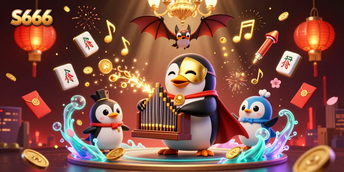 S666 captivates gamers with a vibrant scene of a penguin playing a golden pipe organ amidst explosive celebrations.
