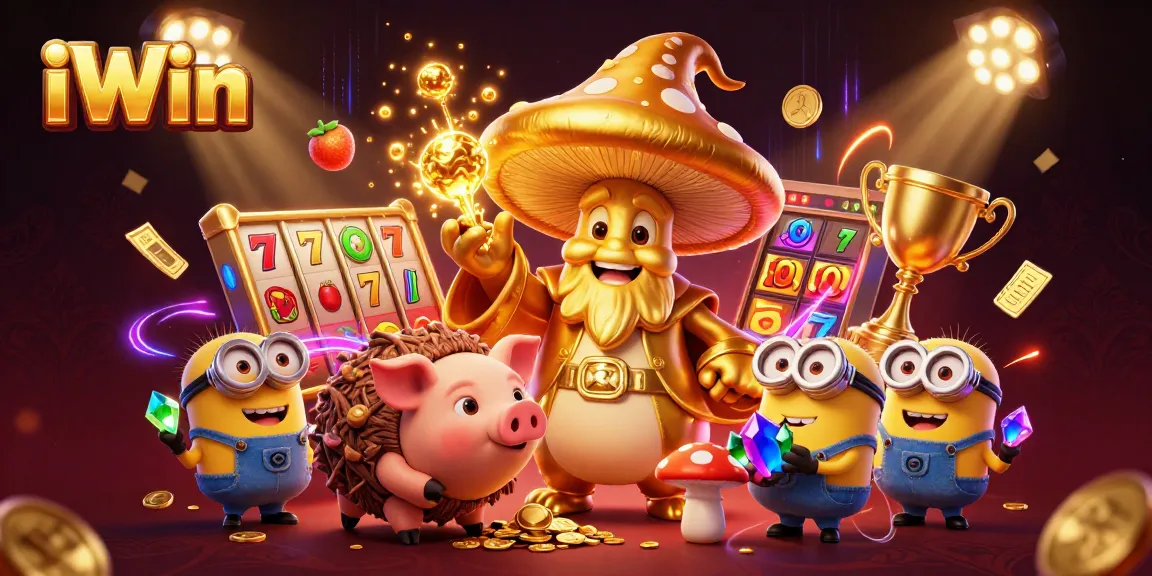 iWin illustration hosting a vibrant casino scene filled with slot reels, golden elements, and dynamic gaming action.