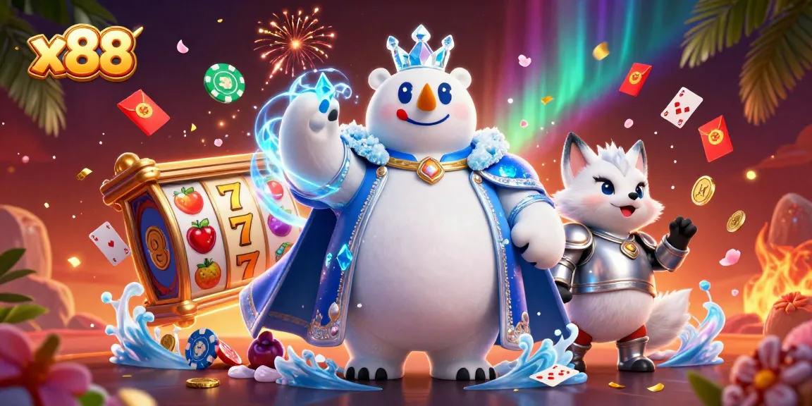 Win big with x88 featuring a polar bear king and fox amidst vibrant casino elements.