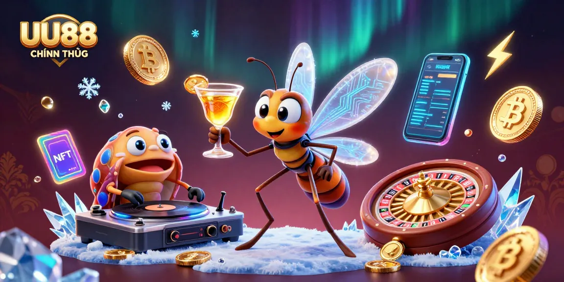 UU88 CHÍNH THỨC showcases a vibrant casino scene with a frozen mosquito mascot, dynamic DJ, and roulette.