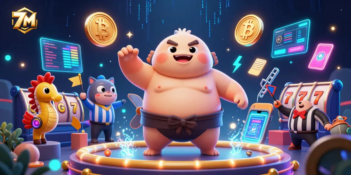 Engage with the lively 7M casino underwater scene featuring vibrant slot reels and seahorse spectators.